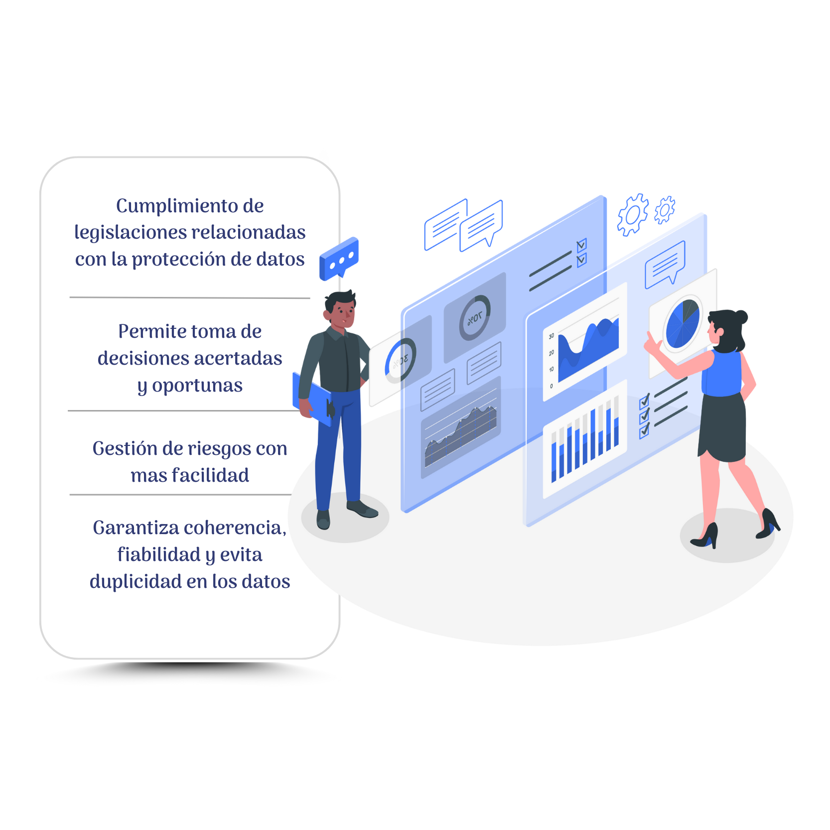 Consultoría de Datos</p>
<p>Desde la fase conceptual, así como con implementaciones tecnológicas del mismo. Nuestro objetivo principal es que la organización incorpore prácticas que le permitan gobernar sobre sus datos, para así tomar decisiones con el menor nivel de incertidumbre posible.